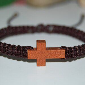 Cross Bracelet,Wood Cross Bracelet,Braided Bracelet,Brown Bracelet